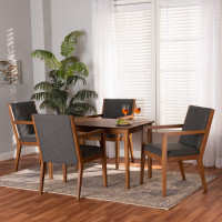Baxton Studio BBT5390-Dark Grey/Walnut-5PC Dining Set Theresa Mid-Century Modern Dark Grey Fabric Upholstered and Walnut Brown Finished Wood 5-Piece Dining Setr